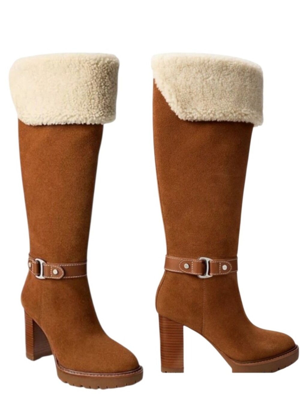 Lauren Ralph Lauren Tasha Suede Shearling Tall Block Heel Boots Brown 7.5